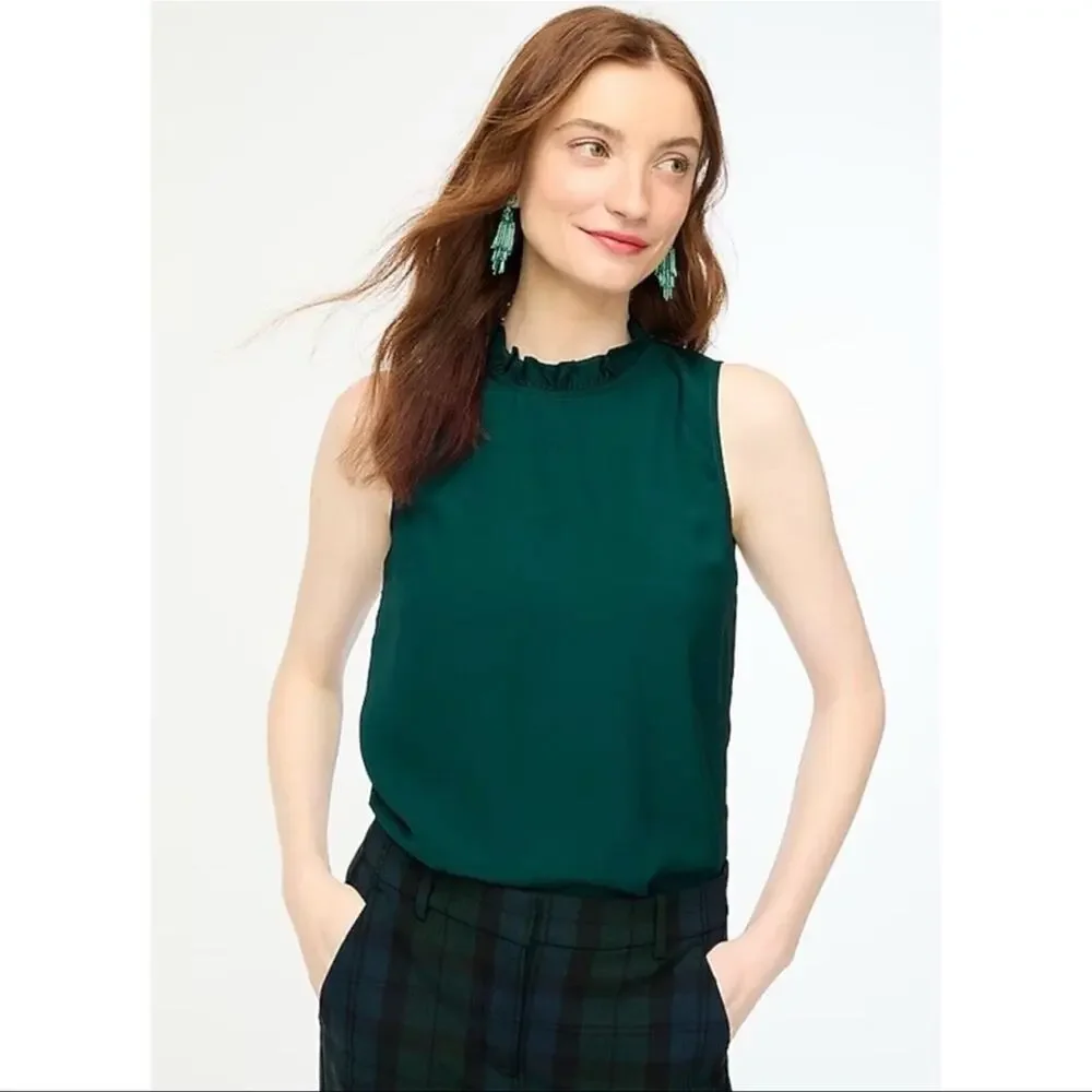 J. CREW | Emerald Green Ruffle Neck Black‎ Bow Back Top Blouse Sz. Small